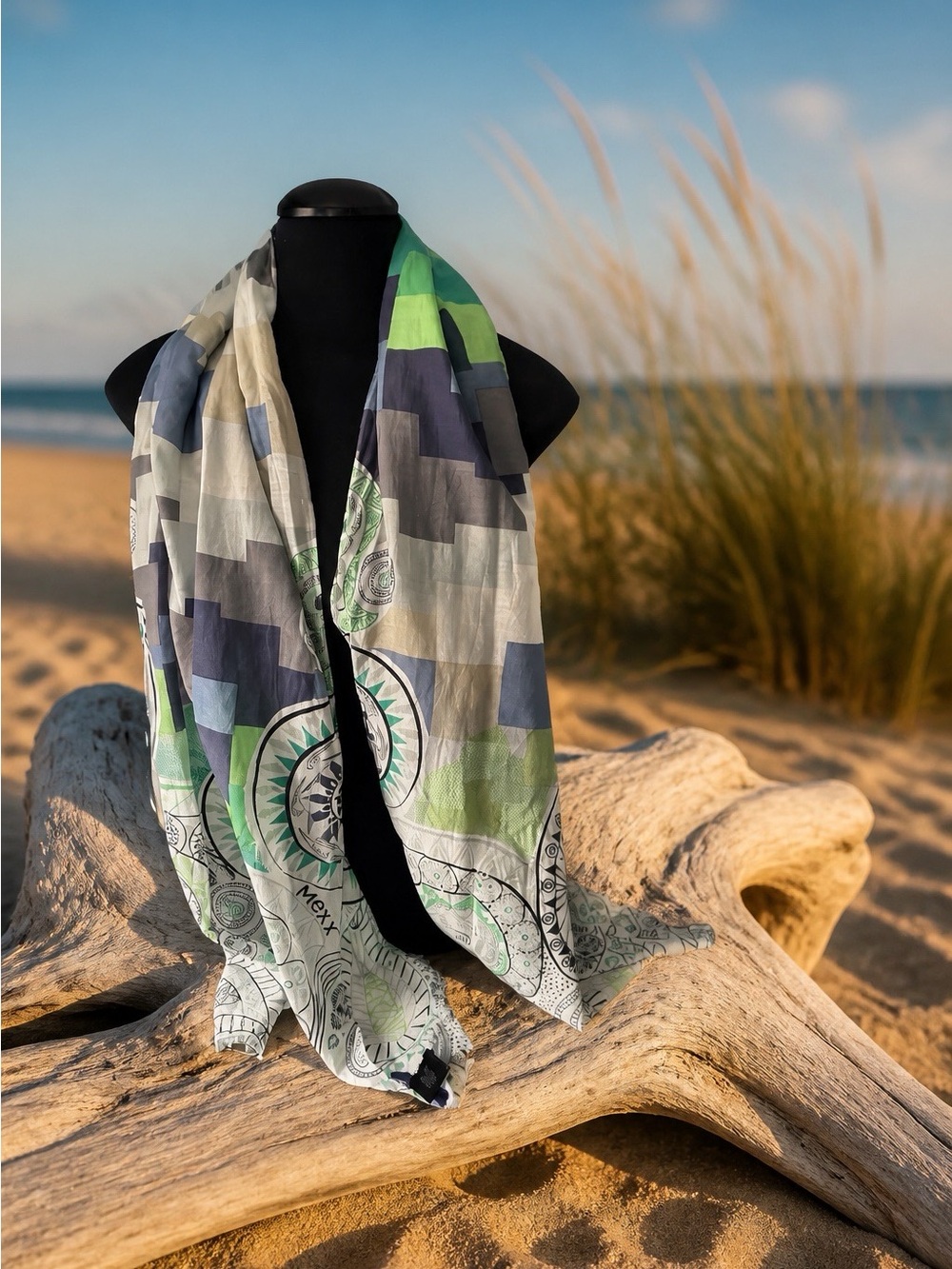 Mexx Printed Scarf in Green, Gray, Blue